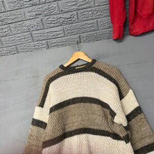 Northwest Blue‎ Mens Vintage Striped Textured Knit Sweater Brown Tan Large USA